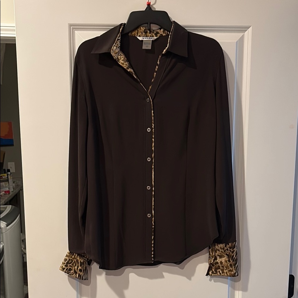 Brown Button Down Shirt with Notched Collar and Leopard Trim